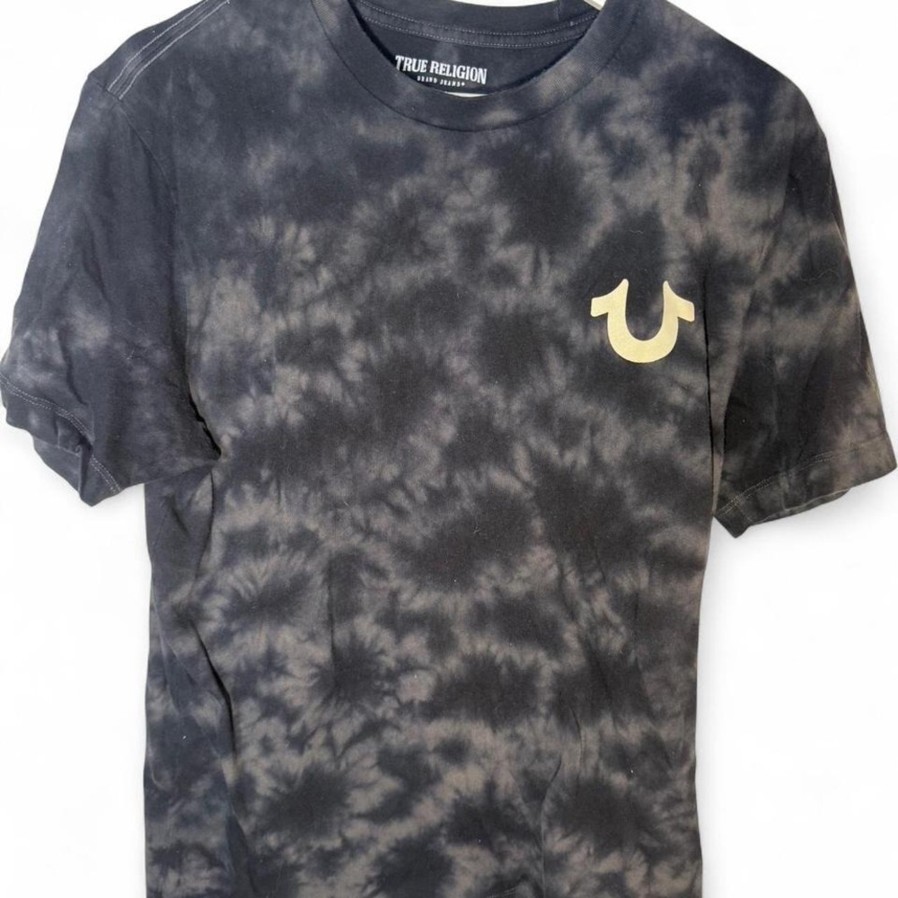 True Religion Mens World‎ Tour Buddha Tie Dye Graphic T-Shirt Black Grey Medium